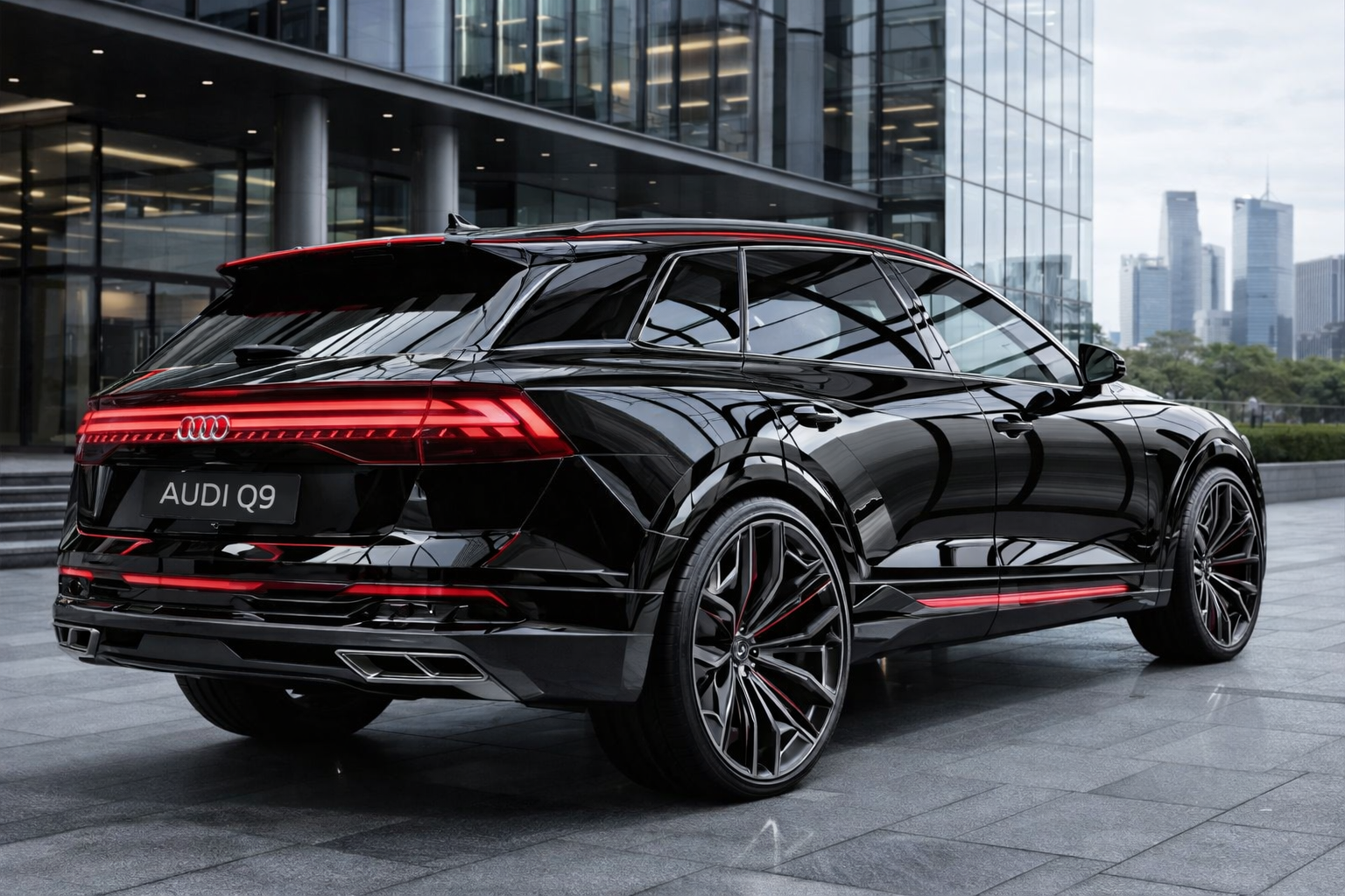 2026 Audi Q9 black luxury SUV rear view with a city skyline background
